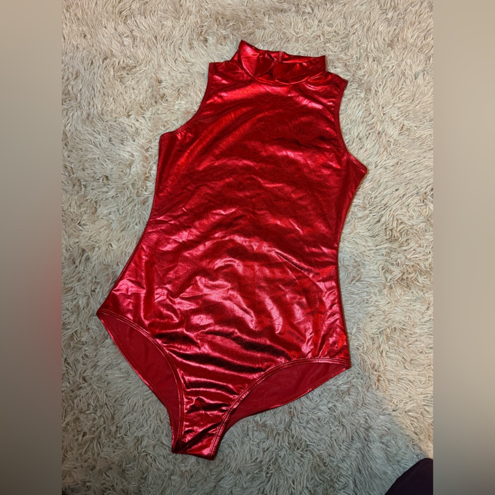 Speerise Metallic Red One Shoulder Bodysuit Rave Festival Dance Leotard Size M